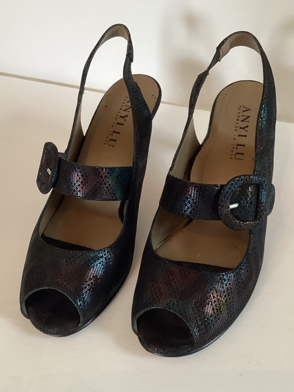 Anyi Lu Iridescent Black Slingback Peep-Toe Heels with Buckle